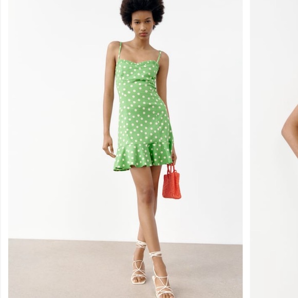Green linen polka dot summer dress Zara spring summer collection - Picture 3 of 15